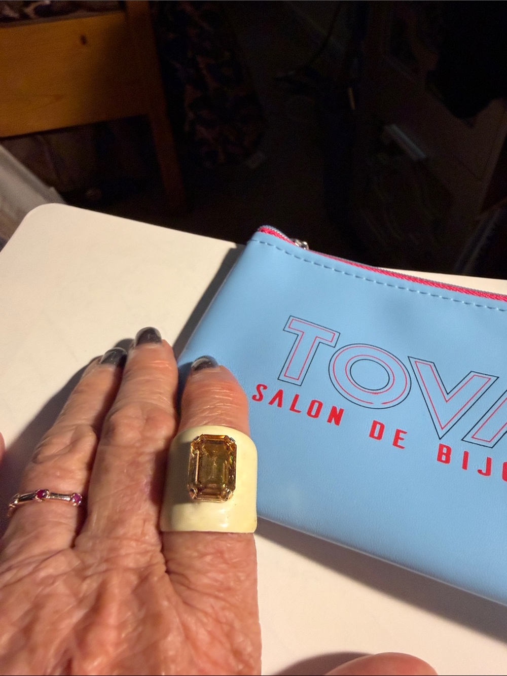 Gold-Tone Ring with Clear Rectangular Gem - Cream - Picture 2 of 4